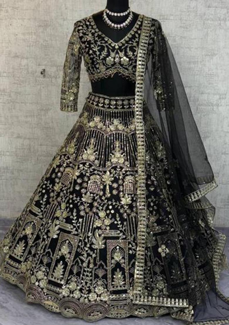 Black Heavy Sequins Net Lehenga Set