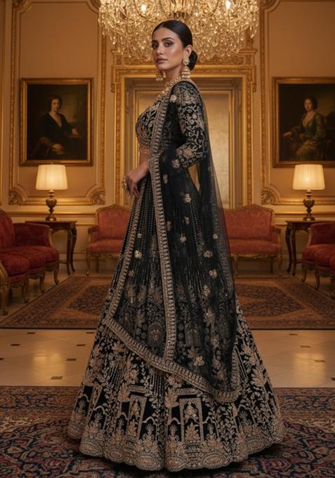 Black Heavy Sequins Net Lehenga Set