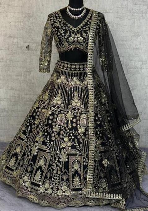 Black Heavy Sequins Net Lehenga Set