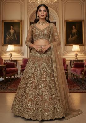 Antique Gold Heavy Sequins Net Lehenga Set