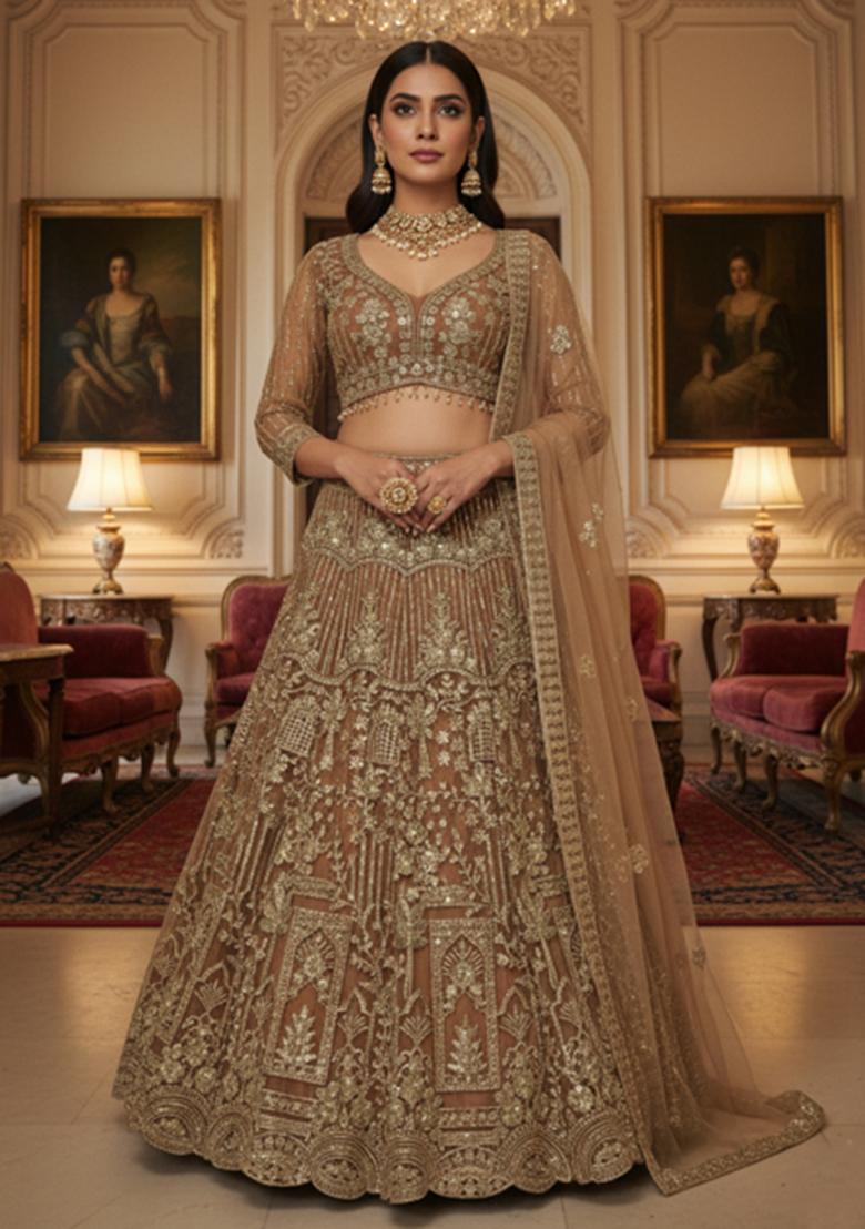 Antique Gold Heavy Sequins Net Lehenga Set