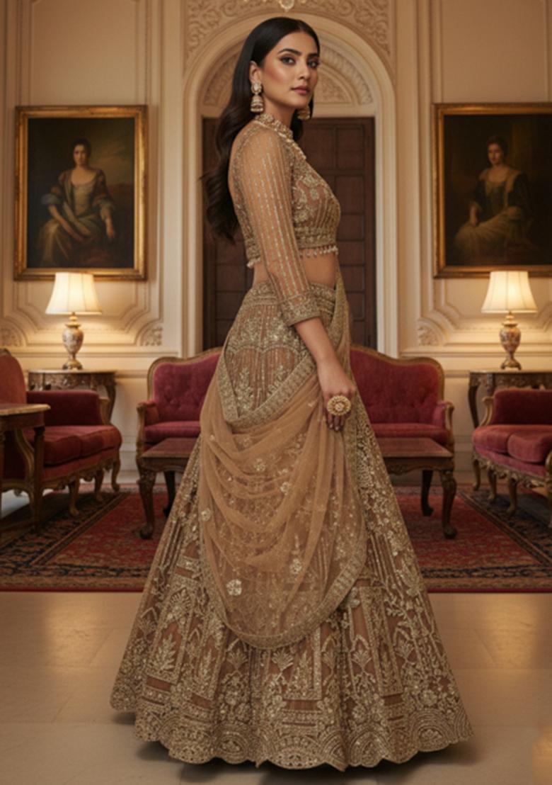 Antique Gold Heavy Sequins Net Lehenga Set