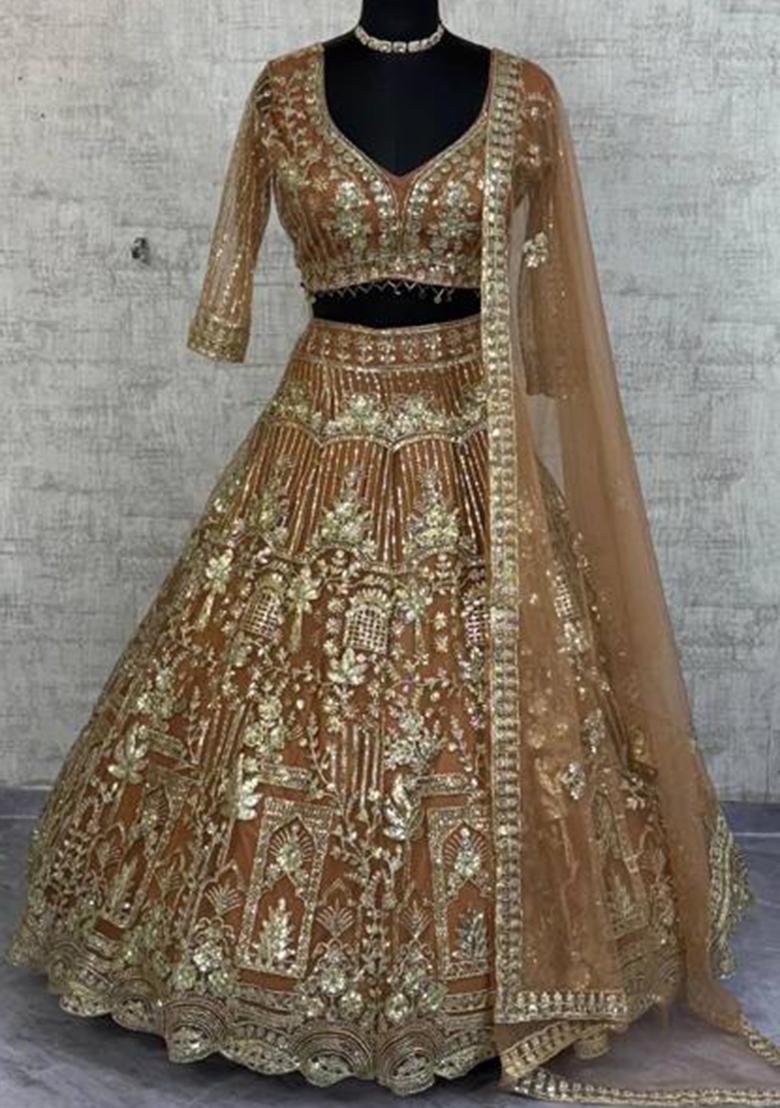 Antique Gold Heavy Sequins Net Lehenga Set