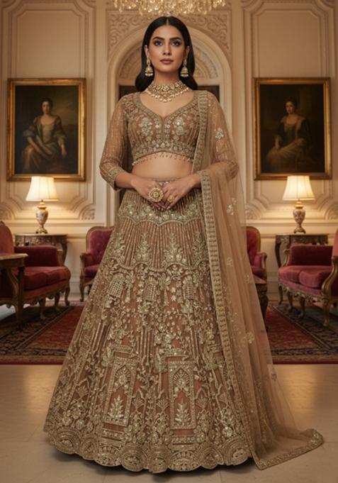Antique Gold Heavy Sequins Net Lehenga Set