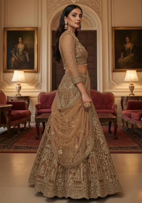 Antique Gold Heavy Sequins Net Lehenga Set