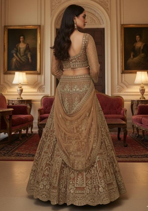 Antique Gold Heavy Sequins Net Lehenga Set