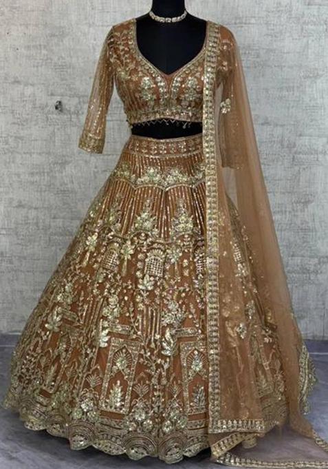Antique Gold Heavy Sequins Net Lehenga Set