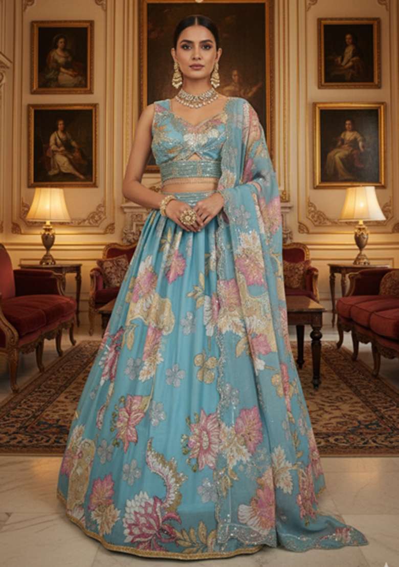 Antique Gold Digital Print Net Lehenga Set for Diwali and Festive Wear - Indya