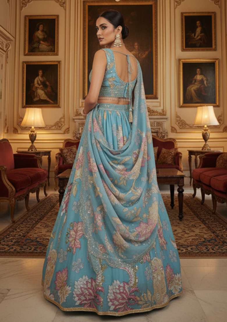 Antique Gold Digital Print Net Lehenga Set for Diwali and Festive Wear - Indya