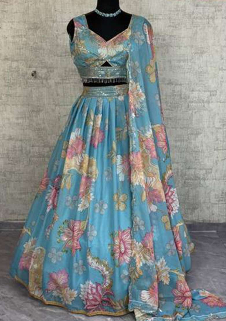 Antique Gold Digital Print Net Lehenga Set for Diwali and Festive Wear - Indya