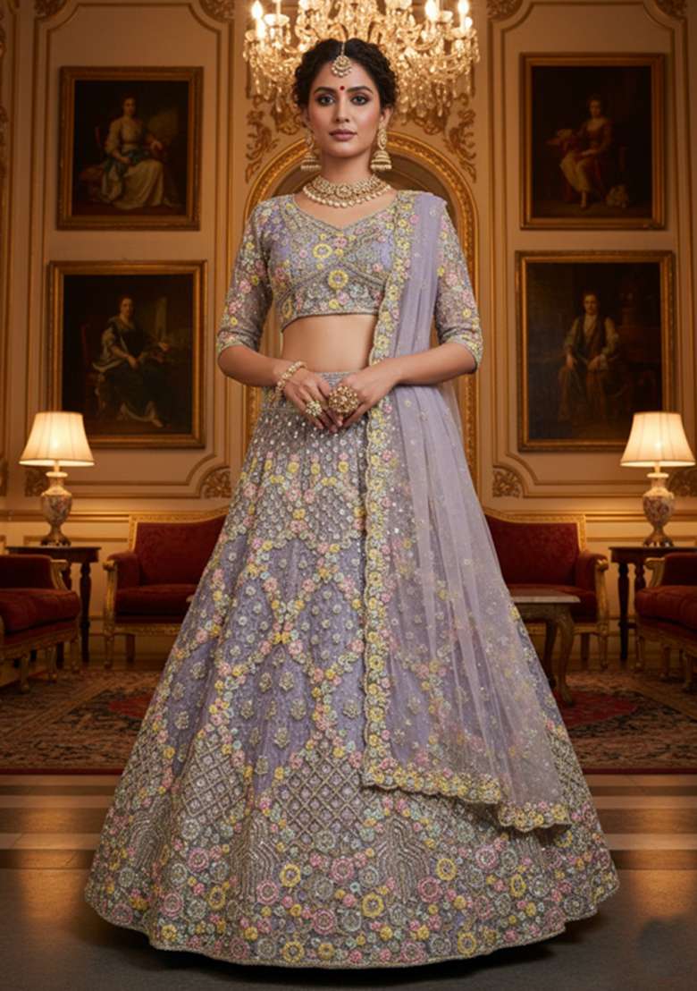 Lavender Embroidery Net Lehenga Set for Diwali and Festive Wear - Indya
