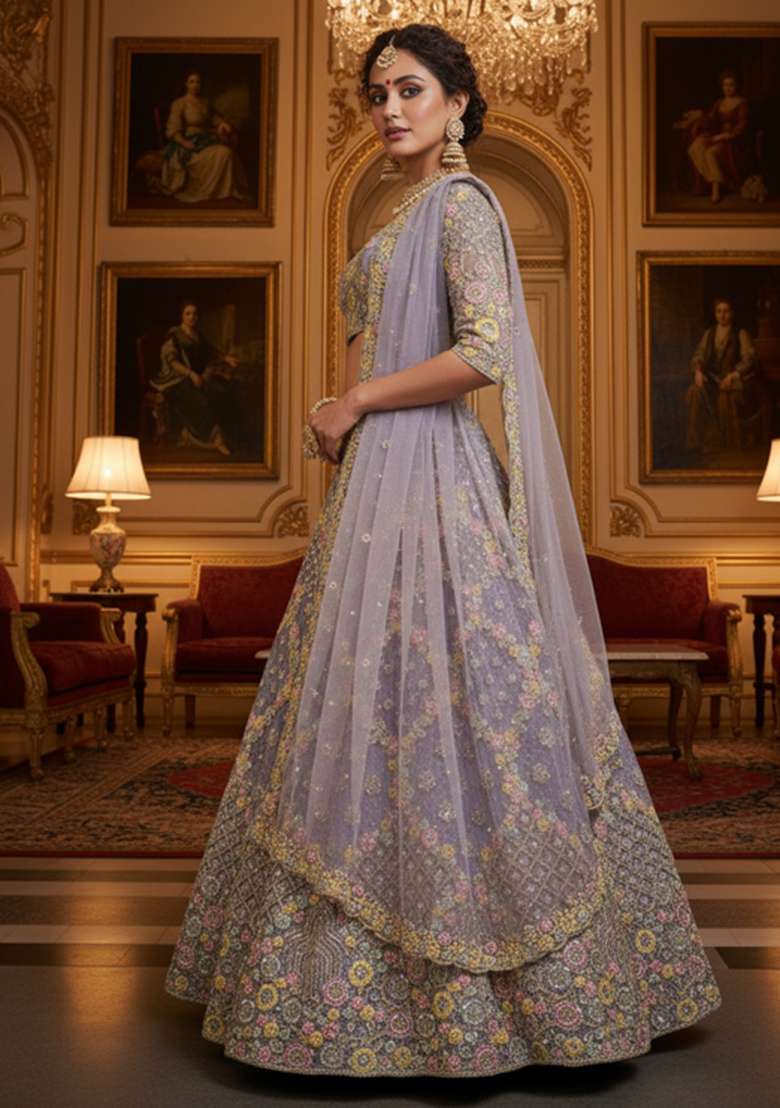 Lavender Embroidery Net Lehenga Set for Diwali and Festive Wear - Indya