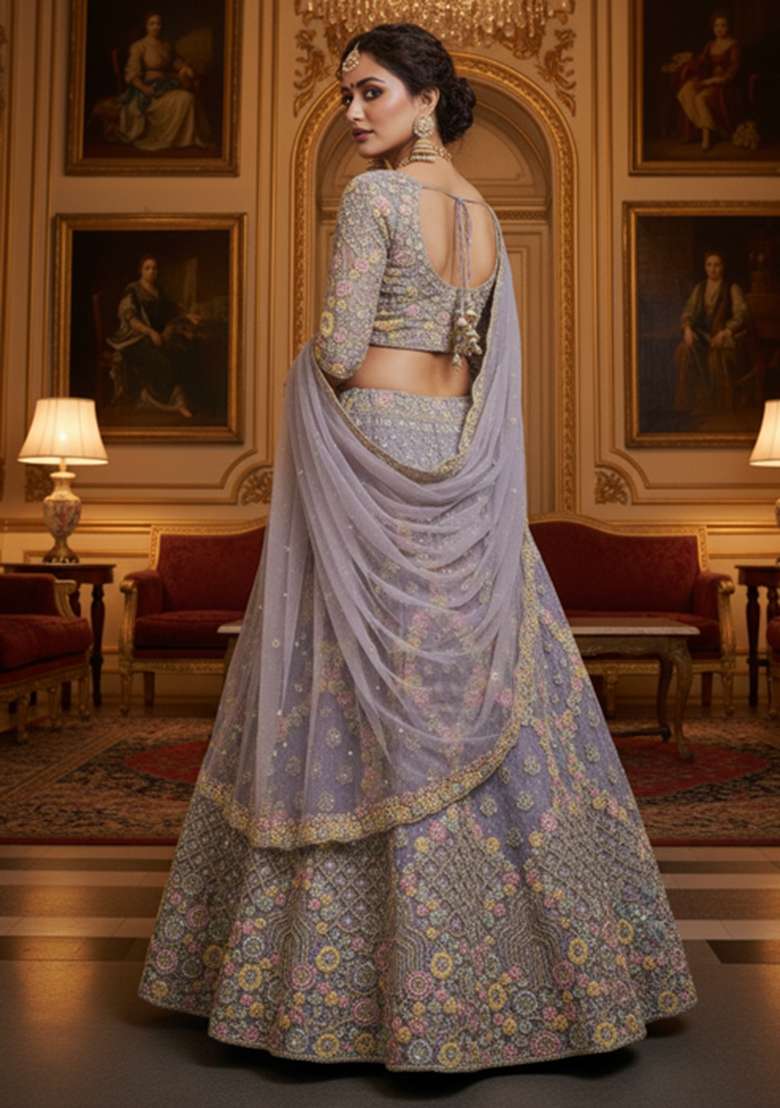 Lavender Embroidery Net Lehenga Set for Diwali and Festive Wear - Indya