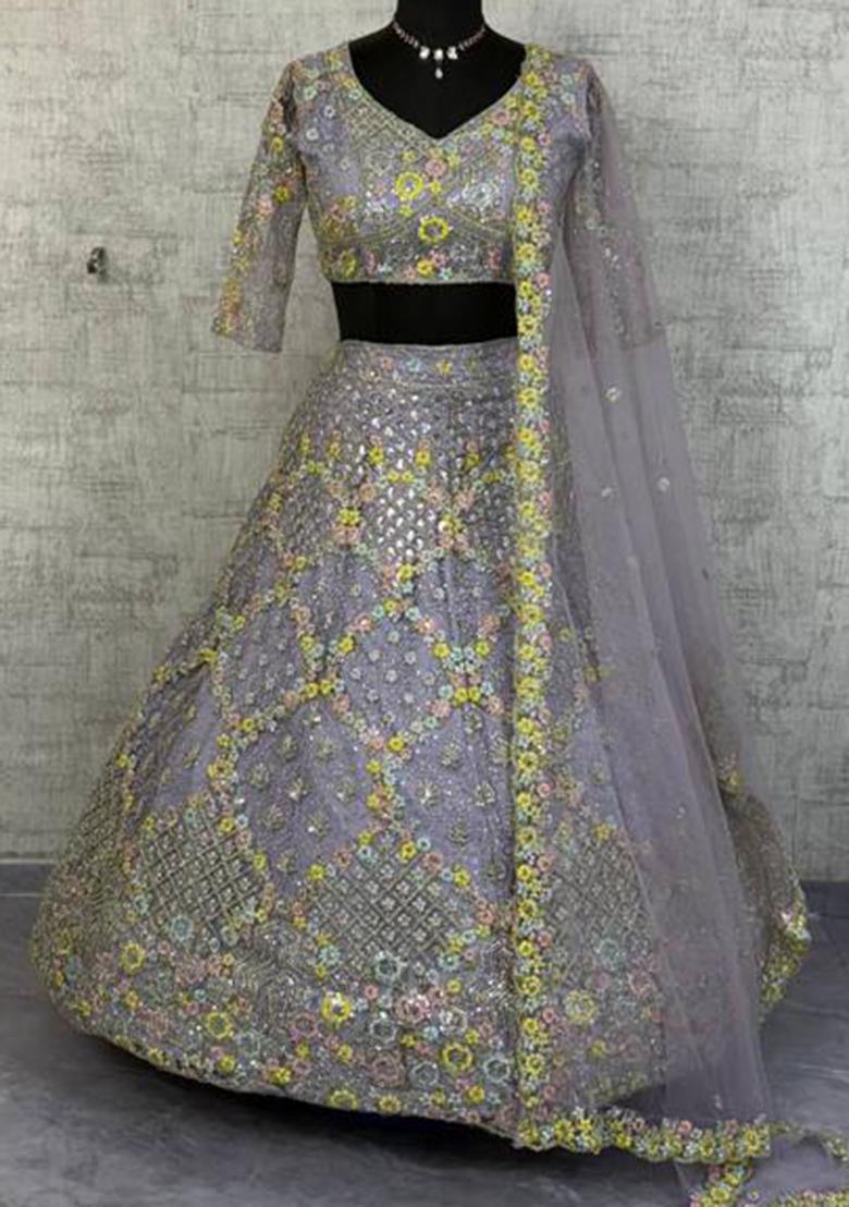 Lavender Embroidery Net Lehenga Set - Indya