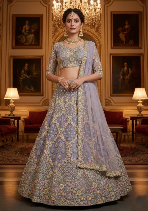 Lavender Embroidery Net Lehenga Set