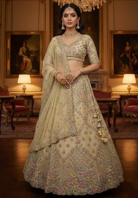 Champagne Embroidery Net Lehenga Set