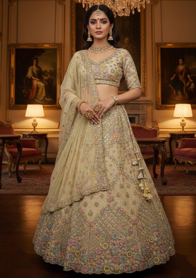 Champagne Embroidery Net Lehenga Set