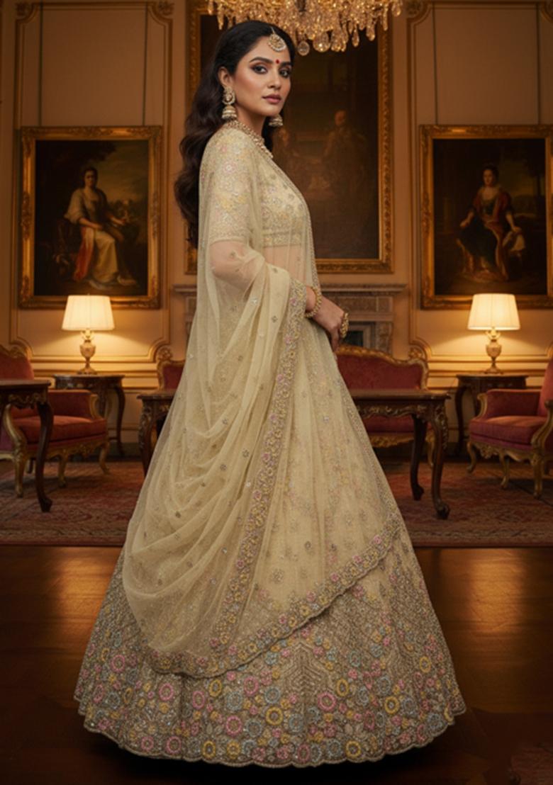 Champagne Embroidery Net Lehenga Set - Indya