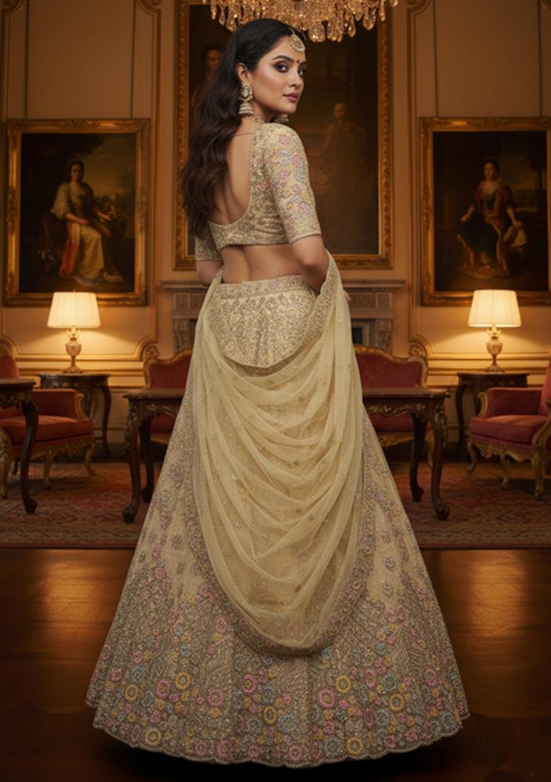 Champagne Embroidery Net Lehenga Set
