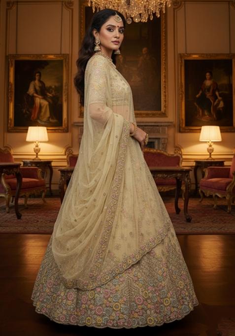 Champagne Embroidery Net Lehenga Set
