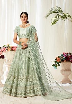 Pista Embroidery Work Net Lehenga Set