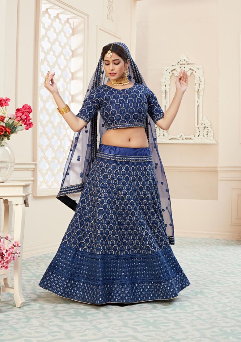 Blue Embroidery Work Net Lehenga Set - Indya