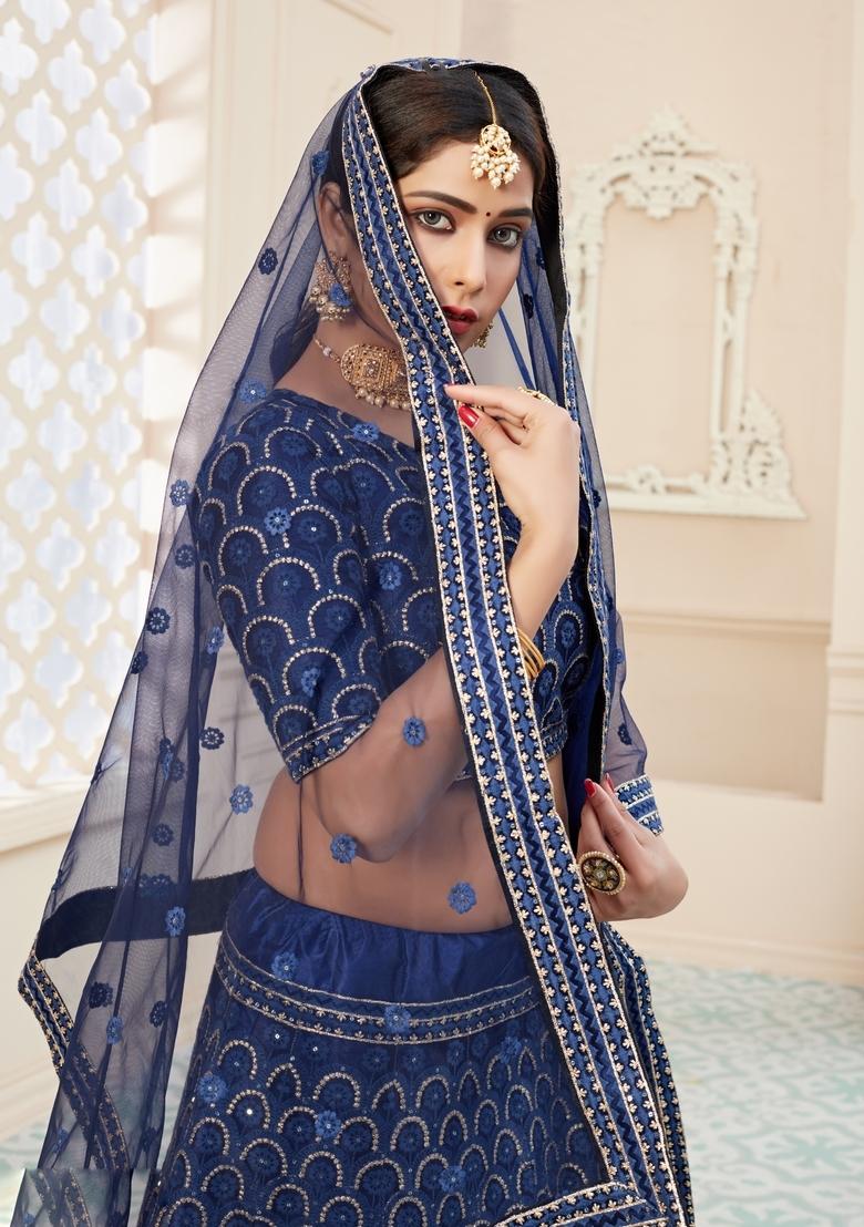 Blue Embroidery Work Net Lehenga Set - Indya