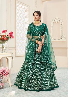 Green Embroidery Work Net Lehenga Set