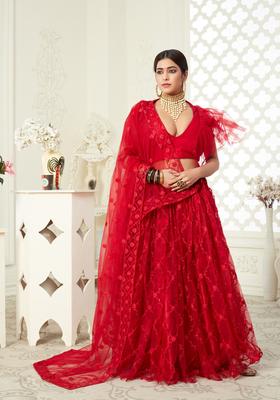 Red Embroidery Work Net Lehenga Set