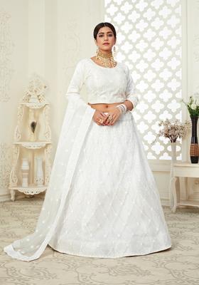 White Embroidery Work Silk Lehenga Set
