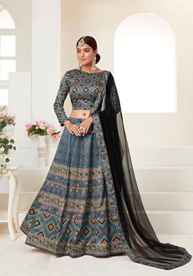 Grey Embroidery Work Silk Lehenga Set
