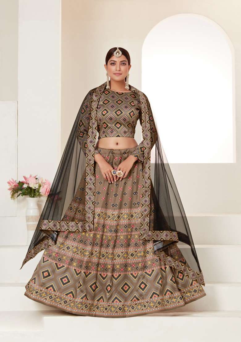 Light Brown Work Silk Blend Lehenga Set with Embroidery for Diwali | Wedding & Festive Wear - Indya