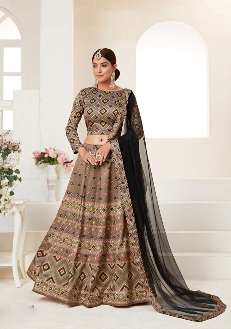 Light Brown Work Silk Blend Lehenga Set with Embroidery for Diwali | Wedding & Festive Wear - Indya