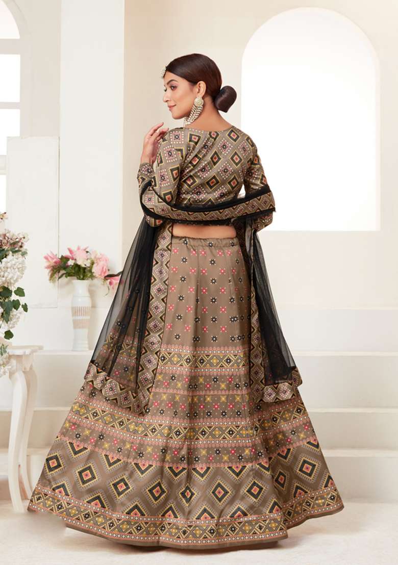 Light Brown Work Silk Blend Lehenga Set with Embroidery for Diwali | Wedding & Festive Wear - Indya