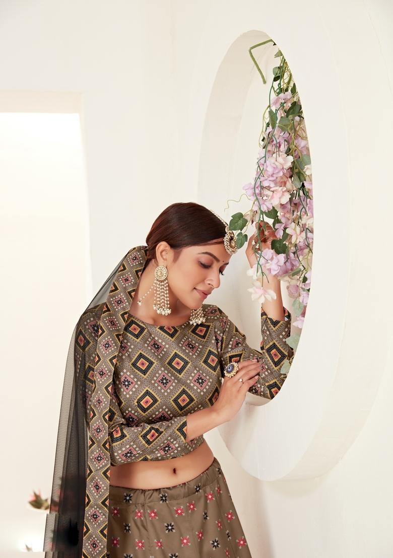 Light Brown Embroidery Work Silk Lehenga Set - Indya