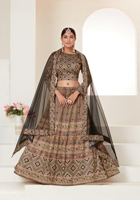 Light Brown Embroidery Work Silk Lehenga Set