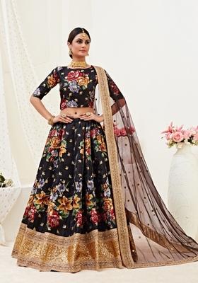 Black Embroidery Work Silk Lehenga Set