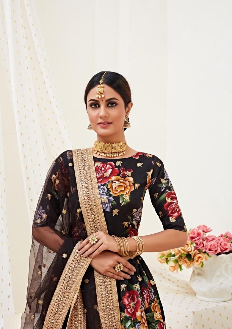Black Embroidery Work Silk Lehenga Set - Indya