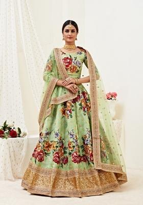 Pista Embroidery Work Silk Lehenga Set