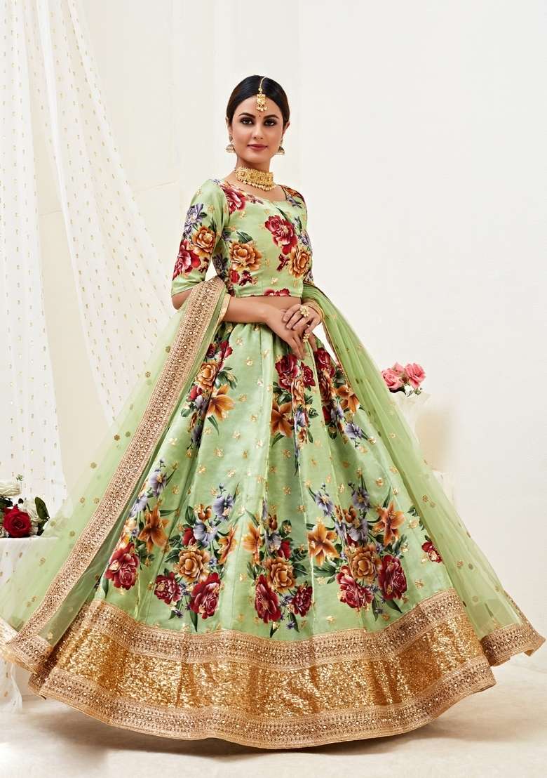 Pista Work Silk Blend Lehenga Set with Embroidery for Diwali | Wedding & Festive Wear - Indya