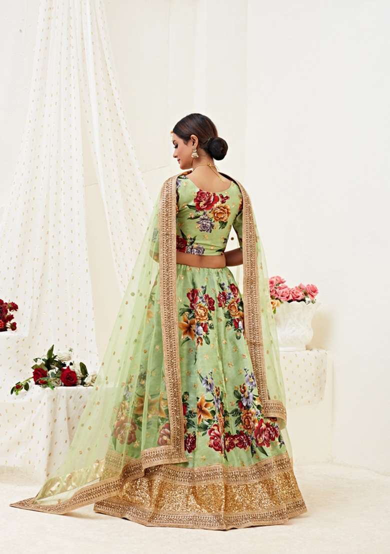Pista Work Silk Blend Lehenga Set with Embroidery for Diwali | Wedding & Festive Wear - Indya