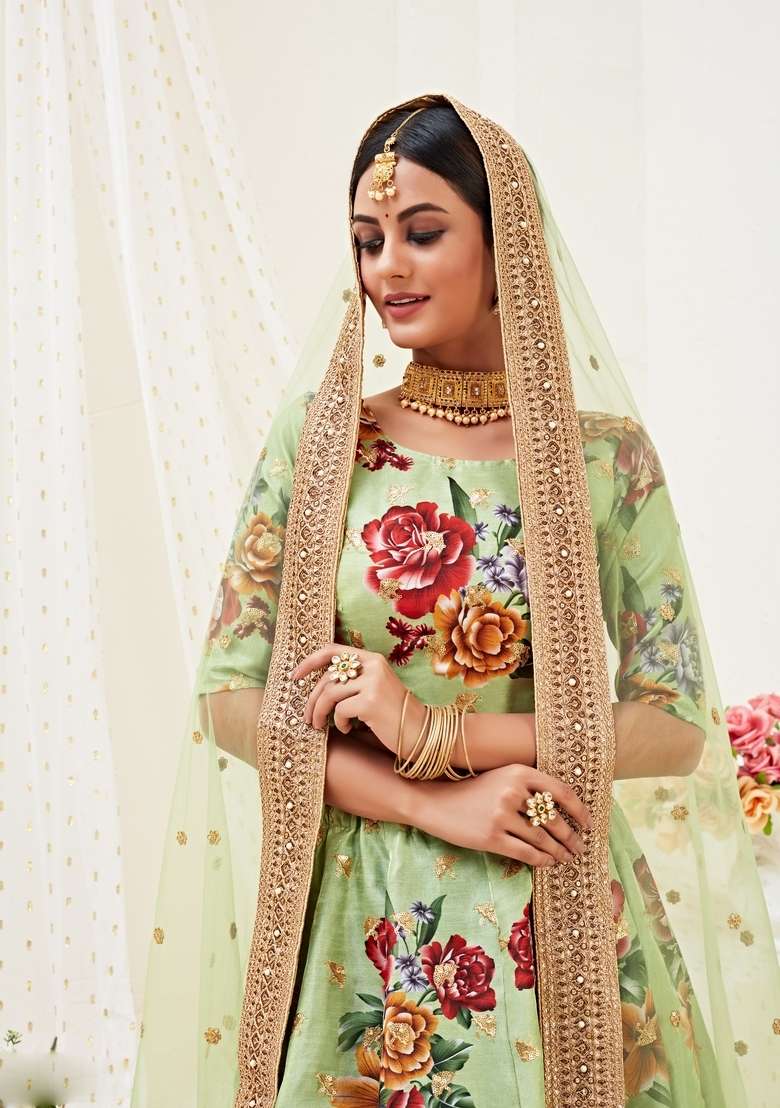 Pista Work Silk Blend Lehenga Set with Embroidery for Diwali | Wedding & Festive Wear - Indya