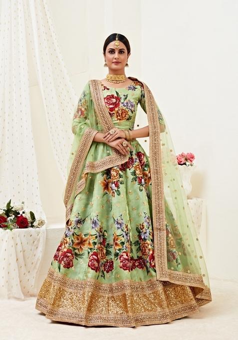 Pista Embroidery Work Silk Lehenga Set