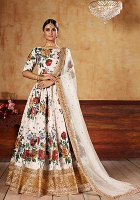 Cream Digital Printed Silk Lehenga Set