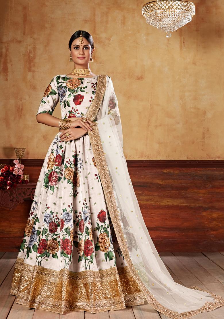 Cream Digital Printed Silk Lehenga Set
