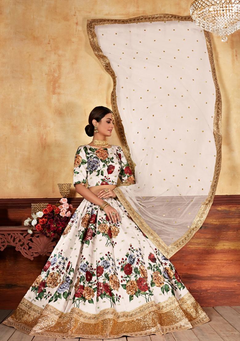 Cream Digital Printed Silk Lehenga Set - Indya