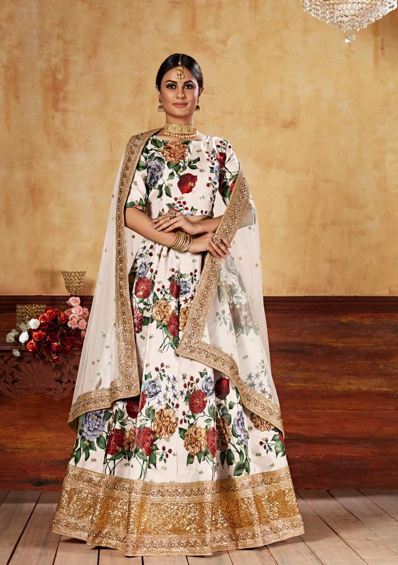 Cream Digital Printed Silk Lehenga Set