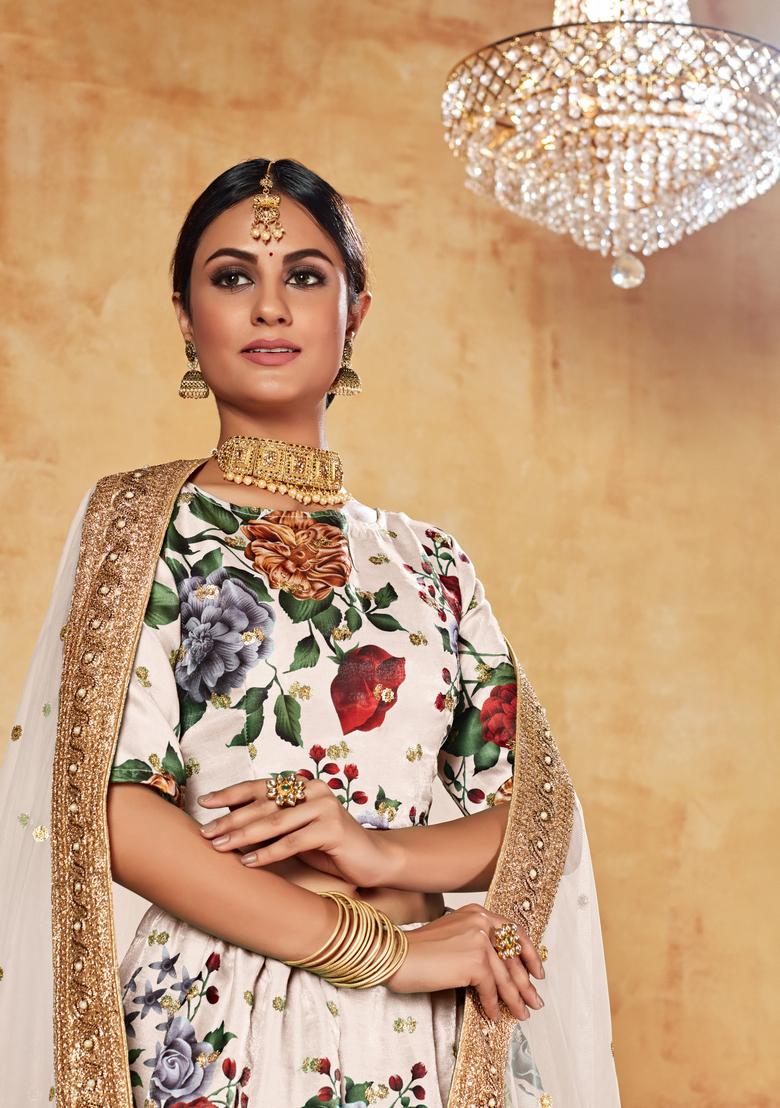 Cream Digital Printed Silk Lehenga Set - Indya