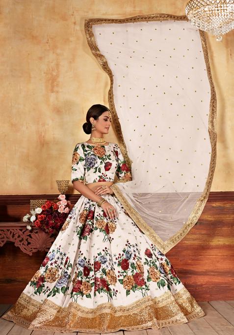 Cream Digital Printed Silk Lehenga Set