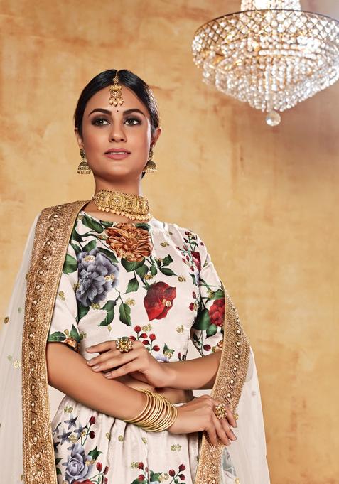 Cream Digital Printed Silk Lehenga Set